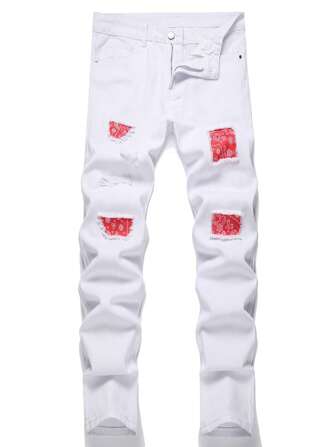 1 件男士常规款直筒白色休闲舒适牛仔裤，适合城市散步和户外活动