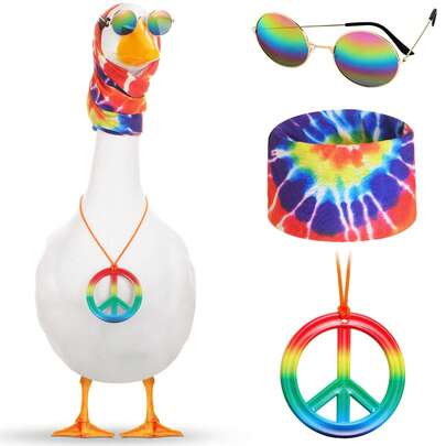 Juego de 3 piezas de disfraz hippie para figuras de ganso de plástico de 23''/ 17'', incluye ropa con estampado de tie-dye arcoíris y leopardo, diadema hippie, collar y gafas de sol para decorar el patio, el jardín y el césped.