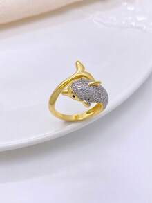 1pc 18K Gold Plated Copper Ocean Series Dolphin Design Fully Paved Ring, Luxury Casual Daily Wear Gift - Dolphin - View 6
