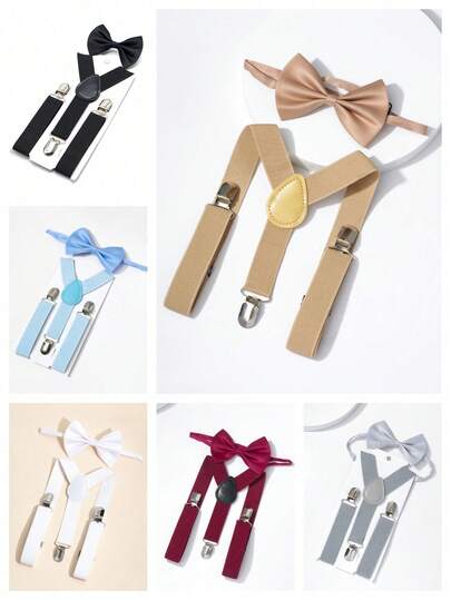 3pcs Kids Unisex Solid Color Y-Back Suspender & Bow Tie Set, Suitable For 1-10 Years Old, Applicable For Wedding, Party, Birthday, Christmas, Halloween, School Events And Daily Wear For Boys And Girls