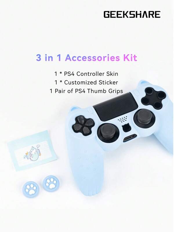 GeekShare 4 Stücke/Set Cat Paw Silikon Spielcontroller Schutzhülle (1* Silikon Controller Skin + 1* individualisierter Aufkleber + 1 Paar Daumengriffe)