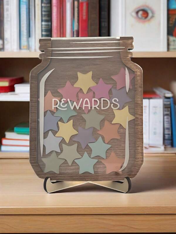 Kids Learning Reward Jar, 2-Layer Wooden + 1-Layer Acrylic Design, Transparent Sealed Bottle With Small Star Decorations, Creative Motivational Tool To Help Kids Develop Self-Discipline And Positive Behaviors, Great Gift For Children
