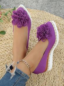 1 Pair Women's Purple Rope Thick Bottom Wedge Pointed Toe Handmade Floral Comfortable Casual Slip-On Shoes, Suitable For Casual, Wedding, Outdoor, Spring/Summer - Purple - View 4