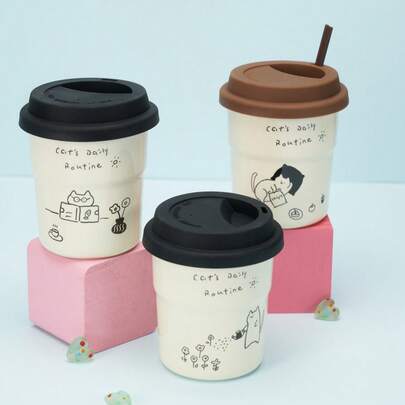 Joivida 1 件卡通猫陶瓷咖啡杯，带硅胶盖的办公室拿铁杯，防漏，适合办公室和家庭使用，可微波加热，最佳生日礼物，新年派对，拉玛餐桌装饰，母亲节礼物，厨房使用，圣诞节礼物，厨房用品，家庭用餐，派对使用，乔迁礼物，高端咖啡馆用品