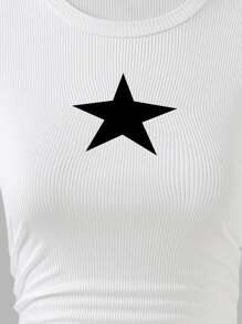 2pcs/Set Teenage Girls Fashion Star Pattern Ribbed Crew Neck T-Shirt And Outdoor Cargo Wide Leg Pants Sets