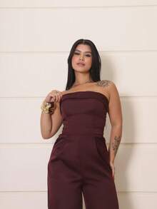 Strapless Jumpsuit With Padded Pants And Pockets, Contrasting Waist - Rust Brown - View 2