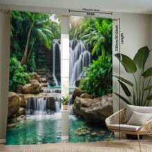 2pcs Tropical Waterfall Print Sheer Curtains, Elegant Style Semi-Transparent Polyester Curtains, Machine Washable, Rod Pocket Hanging, No Lining, Suitable For Living Room And Bedroom Decor