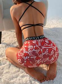 3 PCS Women's Sexy Heart Print Boxer Shorts High Waist Seamless Panties Letter Belt Briefs Tummy Control &Butt Lifter Stretch Sports Underwear