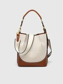 Bolso de cubo de lienzo con diseño de patchwork, bolso de mano de diseñador para mujer, bolso de lujo con correa de hombro ancha de piel de PU