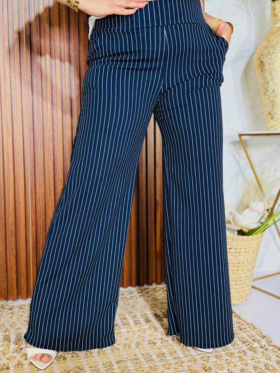 Plus Size Pants - Navy Blue and White - View 1