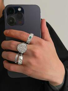 4pcs Men's Luxury Fashion Glitter Geometric Diamond Ring, Vintage Punk Cross Decor Gold Metal Ring Set