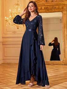 MIUSOL Sequin Floral Lace V-Neck Lantern Sleeve Ruffle Hem Formal Party Maxi Dress, Elegant Women's Party Gown, Formal Evening Dress, Ball Gown, Suitable For Wedding Guest, Graduation Ceremony, Gala Dinner And Other Occasions, For Valentine's Day - Navy Blue - View 6