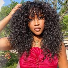 Human Hair Wigs With Bangs None Lace Front Wigs Water Wave Human Hair For Women Machine Made Curly Wig With Bangs Brazilian Unprocessed Virgin Hair Wigs Natural Color