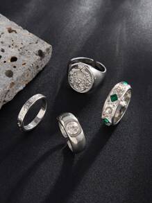 4pcs Men's Luxury Fashion Glitter Geometric Diamond Ring, Vintage Punk Cross Decor Gold Metal Ring Set