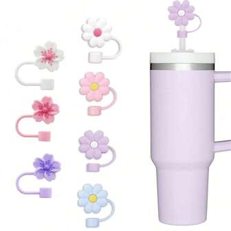 7 件可爱硅胶吸管盖，适用于 杯，10 毫米可爱花朵吸管盖，适用于随身杯，防尘饮用吸管盖，适用于可重复使用吸管尖盖，返校用品