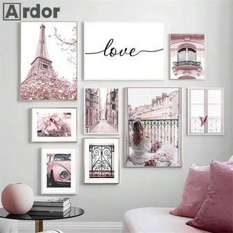 1pc/3PCS Wall Arts Posters Frameless/Framed Moder Fashion Pink Peony Eiffel Tower Wall Art Poster And Print Sexy Women Window Car Canvas Painting Romantic Living Room Home Decor