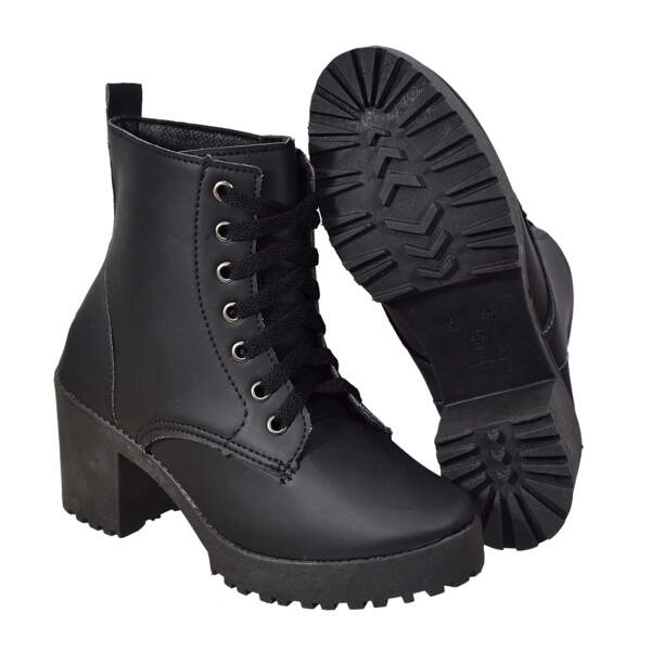 Bota Coturno Feminina Cano Médio Preto Salto Tratorado Confortável Estilosa, Coturno Tratorado botas femininas cano curto