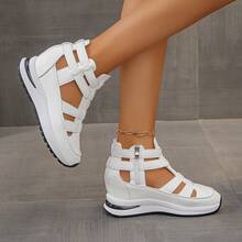 1 par de sandalias de plataforma con cuña de verano, de suela cómoda y suave, con cremallera lateral, para mujer. Esencial para viajar. - Blanco - Ver 5