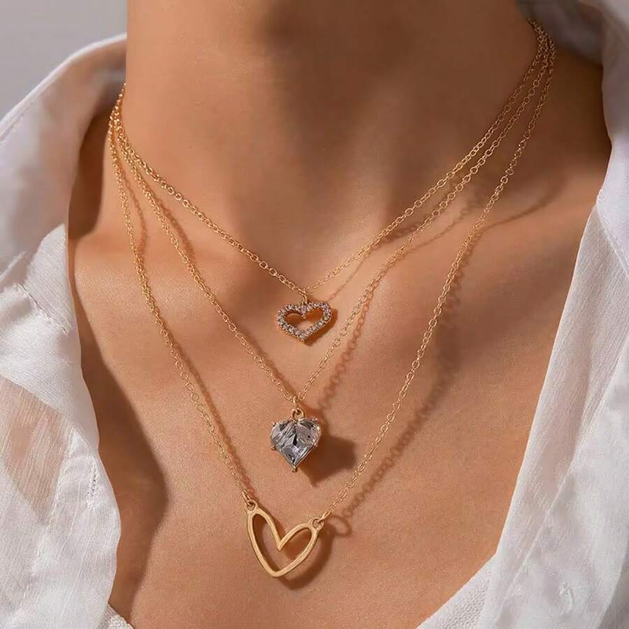 1pc Luxury Layered Heart Pendant Necklace, & Exquisite - Yellow Gold - View 1