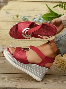 Summer New Style Casual Wedge Sandals, Platform Dress Sandals With Metal Buckle Decor, Red Festive Faux Linen Rope, Light Sole, Open Toe Elastic Band Sandals - Red - View 6