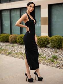 Carolina Barros Vestido largo para mujer con escote calado y espalda abierta, vestidos de verano para mujer - Negro - Ver 3