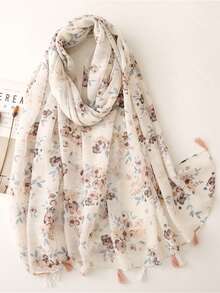 1条女士简约印花围巾，新款女士真丝披肩，春夏防晒沙滩巾，时尚头巾/肩巾，可搭配连衣裙 - 灰色 - 查看 2