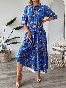 Vestido azul floral con cintura elástica, nuevo vestido de verano de gasa de manga corta por encima de la rodilla, adelgazante, para vacaciones en la playa, suelto, moda informal, francés, elegante, temperamento, vestido de manga corta. - Azul - Ver 1