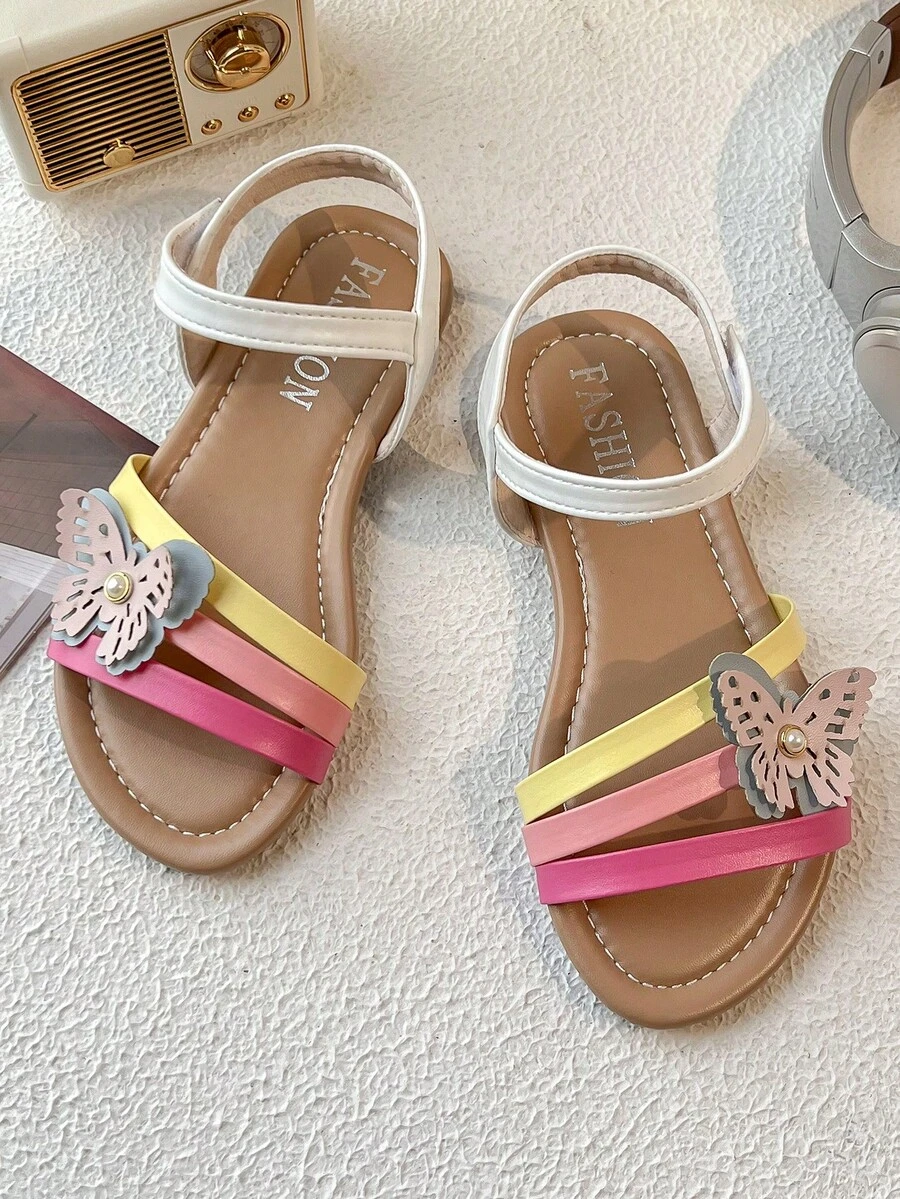 "1 Pair Of 2025 Bestseller Children's Shoes For 3-12 Years Old, Charming Girls' Sandals Decorated With Colorful Ribbons, Butterflies And Pearls - The Fashionable Summer Shoes For Little Ones, Beach Party, Travel And Outdoor Performances!" - Multicolor - View 1