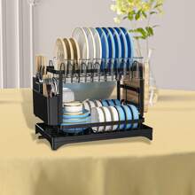 Rustproof Stainless Steel Dish Drying Rack, 2-Tier Large Dish Rack For Kitchen Countertops, Dish Rack With Drainer Plate, Dish Drainer With Utensil Holder And Cup Holder, Dish/Knife/Cup/Cutting Board, Black