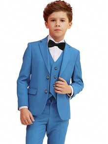 Boys Suits 4-Pieces Suit Set Toddler Tuxedos Dresswear Ring Bearer Outfit Wedding Blazer Vest Pants Tie Formal Suits For Kids Lake Blue Size 6-14Y