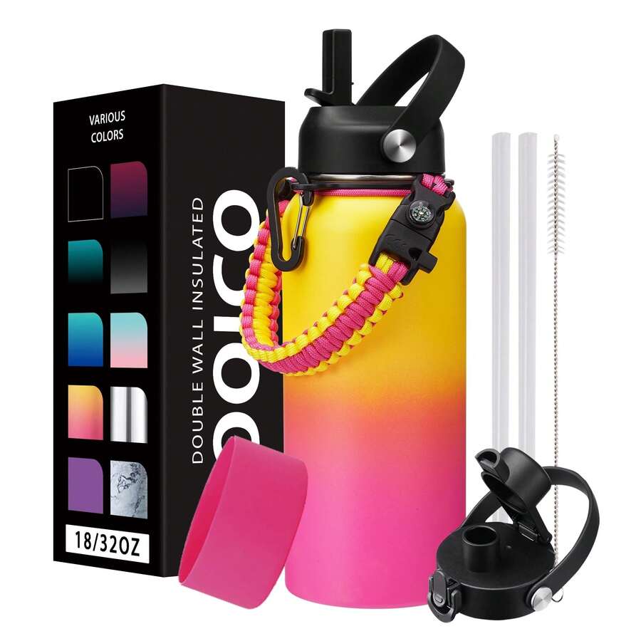 Half Gallon Water With Straw & Spout Lid, Paracord Handle, Boot Flask, 64oz Insulated Stainless Steel Water, Leak-Proof Large Sports Water Jug Cold-48H & Hot-24H - Yellow - View 1