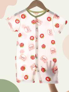 1pc Baby Girls Cute Bear Print Jumpsuit, Soft Modal Fabric Short Sleeve & Shorts Summer Lightweight One-Piece Outfit, Suitable For Indoor And Outdoor Use - White - View 1