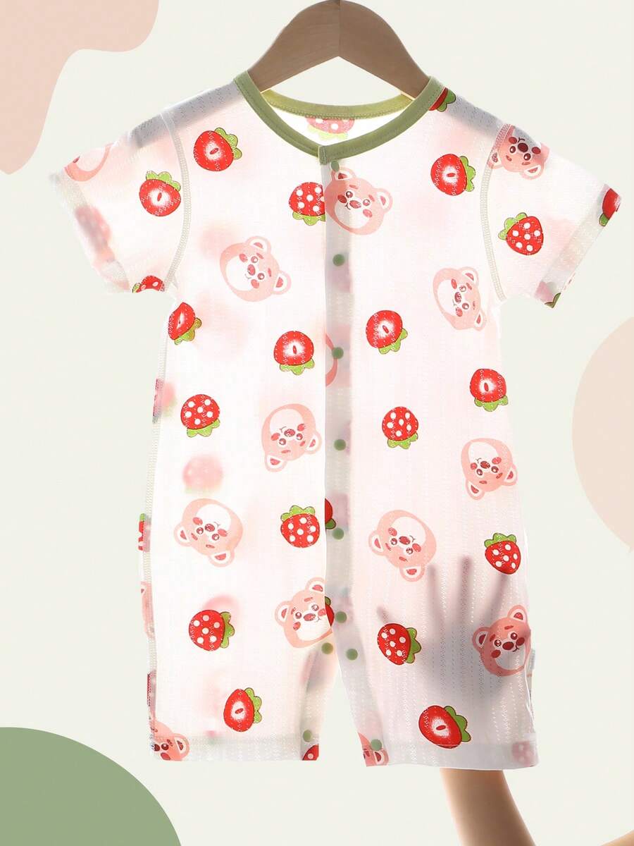 1pc Baby Girls Cute Bear Print Jumpsuit, Soft Modal Fabric Short Sleeve & Shorts Summer Lightweight One-Piece Outfit, Suitable For Indoor And Outdoor Use - White - View 1