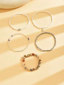 5pcs/Set Boho Simple Starfish & Seashell Glass Beads Elastic Anklet, Suitable For Women Beach Holiday Wearing - Multicolor - View 3
