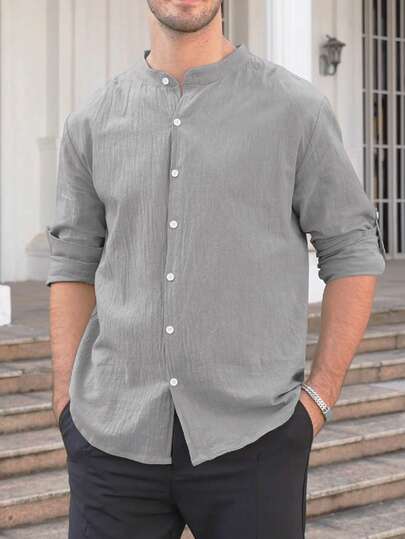 Camicia casual da uomo a maniche lunghe con colletto alla coreana, slim fit, in lino, per primavera e autunno