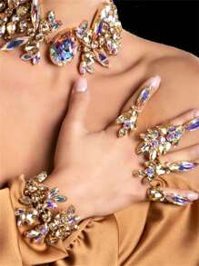 3 Stücke Set funkelnd AB Kristall Halskette, Armband und Ring Schmuckset, luxuriöses Braut Hochzeitsparty Accessoire, Schmuckgeschenk für Frauen