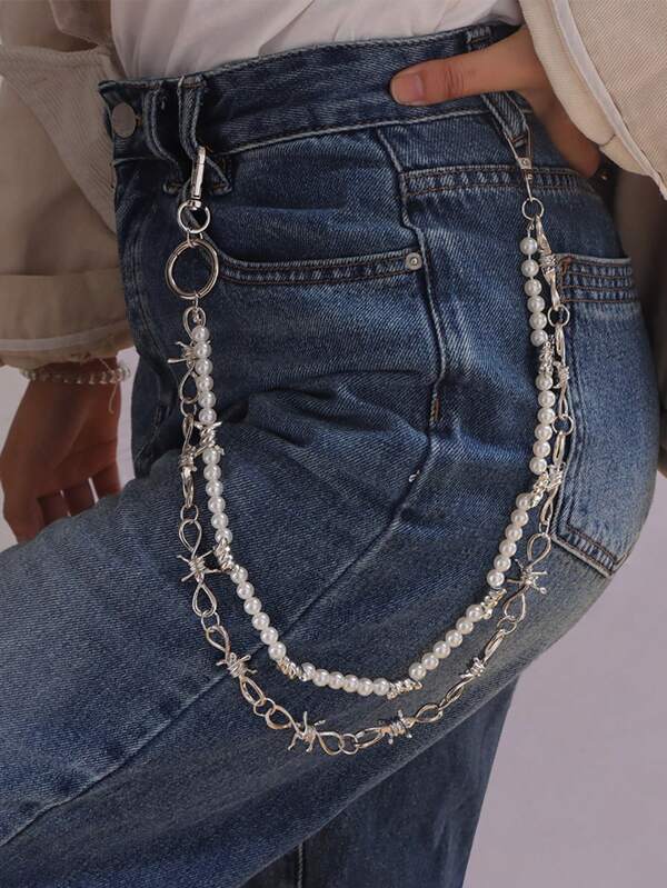1pc Fashionable Pearl & Spike Double Layer Waist Chain, Versatile Stylish High-End Accessory