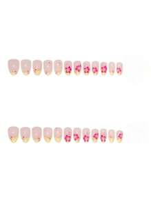 24pcs Oval Red Flower Designed French Tip Short False Nails, Elegant And Beautiful, Cute And Sweet, Ideal For Women, Spring/Summer Nail Decoration