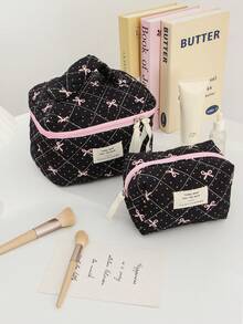 Pink Ribbon Bow Print Cosmetics Organizer Bag Black Makeup Bag Quilted Portable Travel Toiletry Bag With Zipper Large Capacity Makeup Pouch For Travel - Black - View 5