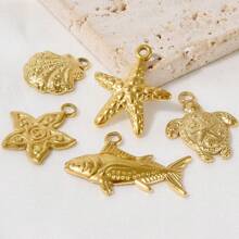 5 Stücke Edelstahl Ozean Themen Anhänger Sortiment - Seestern, Muschel, Schildkröte, Hai, Fisch, Delfin, Seepferdchen. Geeignet für Armband, Halskette, Knöchel, Ohrring Schmuck DIY, Vintage, Strand, Party Elemente, 18 Karat vergoldet