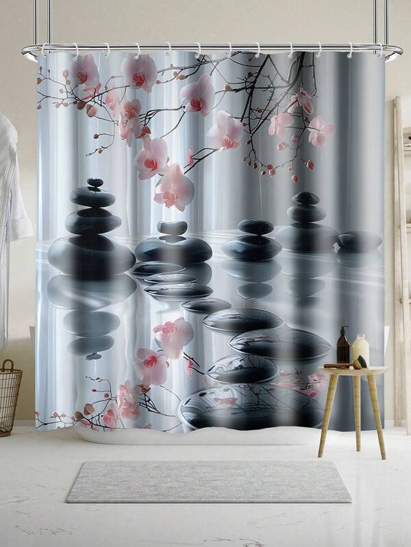 1 pezzo Tenda da doccia in poliestere impermeabile con stampa a motivo di sakura rosa e roccia nera, design zen, decorazione da parete per bagno, con 12 ganci, lavabile in lavatrice, adatta per hotel, appartamento, bagno, regalo, dimensioni 35x70in, 47x70in, 59x70in, 70x70in, accessori per il bagno, decorazioni autunnali