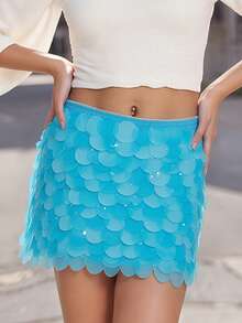 Women Y2k Sequin Short Skirts Low Waist Glitter Skirt Bodycon Sparkly Mini Skirt Night Out Party Clubwear - Màu xanh lam - Xem 5