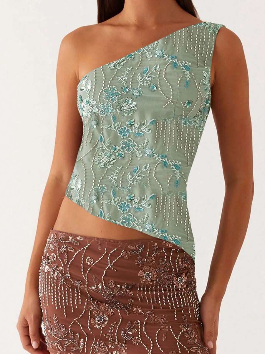 Women's Sequin Tank Tops Solid Stylish Sparkly Glitter Off One Shoulder T-Shirt For Summer - 綠色 - 查看 1