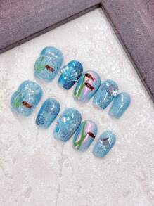 10PCS Blue Press On Nails Short Nails Ocean Shell Underwater World Summer Beach Essentials Nails Home DIY Nail Design Full Coverage Fake Nail Tips Artifical Fingernails For Women And Girls Manicure Supplies Office Daily Wear False Nails Purely Hand-Wear Nails Purely Hand-Wear Nails