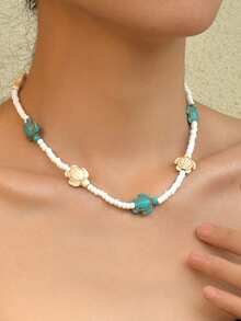 1 件波西米亚风格可调节绿松石和珍珠装饰海龟项链，适合女性海滩度假性感展示