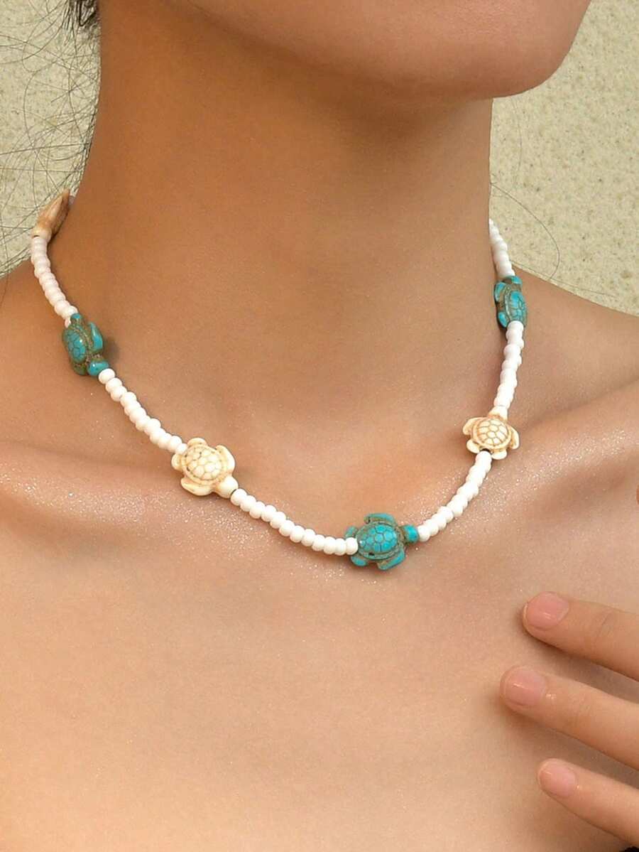 1 件波西米亚风格可调节绿松石和珍珠装饰海龟项链，适合女性海滩度假性感展示