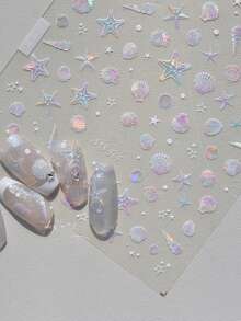 1 件夏日海滩海洋贝壳海星蛤蜊海螺星星海泡海螺软浮雕装饰指甲贴纸美甲贴花