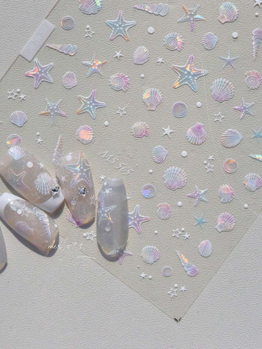 1 件夏日海滩海洋贝壳海星蛤蜊海螺星星海泡海螺软浮雕装饰指甲贴纸美甲贴花