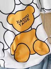 Set de 2 piezas de camiseta de manga corta con cuello redondo y estampado de oso, y pantalones cortos con efecto de mezclilla desgastada con estampado de oso para niños pequeños, estilo casual y elegante, para primavera y verano