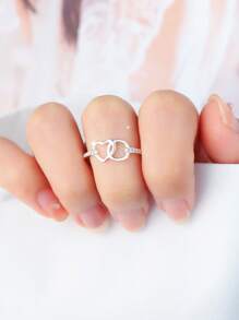 Anel feminino com design de círculo e coração vazado em prata esterlina S925, simples e elegante, acessório de moda essencial